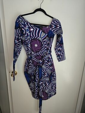 Abstract Swirl Purple & Blue Long Sleeve Wrap Dress